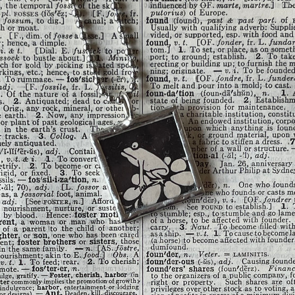 1 Frog, birds, vintage 1930s book illustrations up-cycled to soldered glass pendant
