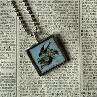 Victorian bird and nest, red rose, vintage illustrations up-cycled to soldered glass pendant