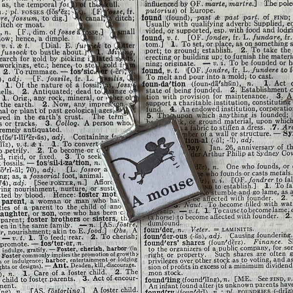 1 Cat and mouse, original illustrations from vintage Dr. Seuss dictionary, up-cycled to soldered glass pendant