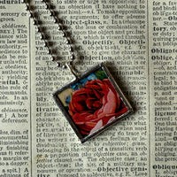 Victorian bird and nest, red rose, vintage illustrations up-cycled to soldered glass pendant