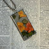 Red poppy, petunias, vintage illustrations up-cycled to soldered glass pendant