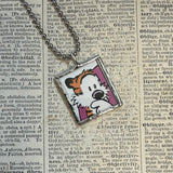 Calvin & Hobbes, original vintage comic book illustrations, upcycled to soldered glass pendant