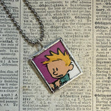 Calvin & Hobbes, original vintage comic book illustrations, upcycled to soldered glass pendant