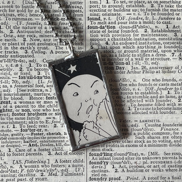 1 Fairy, full moon, vintage 1930s illustrations up-cycled to soldered glass pendant