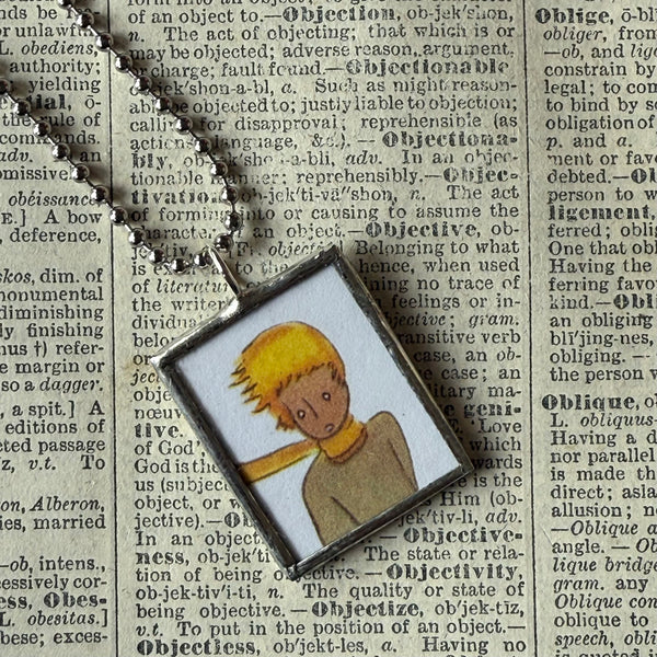 Little Prince, original illustrations from vintage book, up-cycled to soldered glass pendant