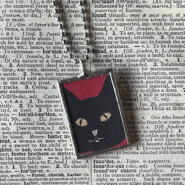 1 Black cat, kitten, kitty, vintage children's book illustrations up-cycled to soldered glass pendant