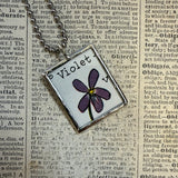Violet, rose, botanical illustrations, up-cycled to soldered glass pendant