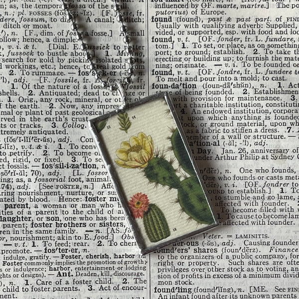 1 Cactus blossom, succulent, natural history botanical illustrations, up-cycled to soldered glass pendant