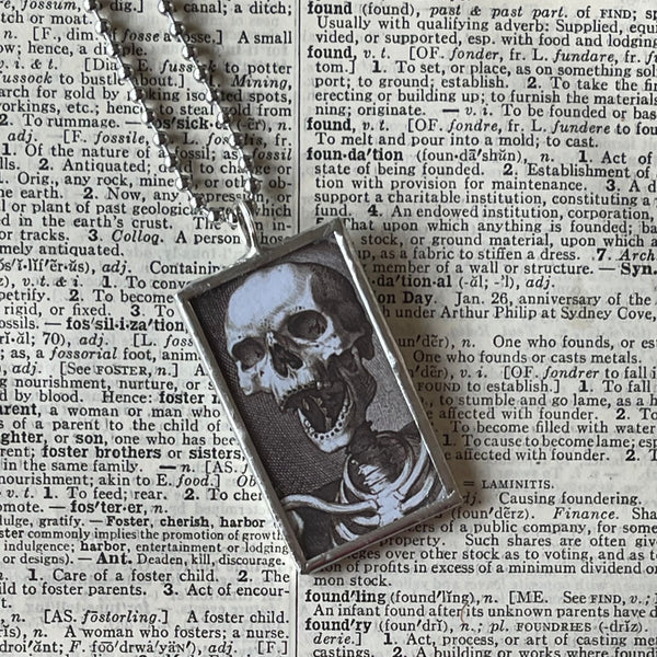1 Momento Mori, Skull, hourglass, vintage illustrations up-cycled to soldered glass pendant