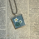 Strawberry and blossoms botanical illustrations, up-cycled to soldered glass pendant