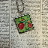 Strawberry and blossoms botanical illustrations, up-cycled to soldered glass pendant