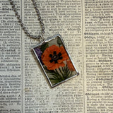 Red poppy, petunias, vintage illustrations up-cycled to soldered glass pendant