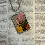 Red poppy, petunias, vintage illustrations up-cycled to soldered glass pendant