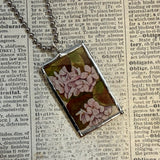 Wild rose, hydrangea, vintage illustrations up-cycled to soldered glass pendant