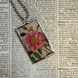 Wild rose, hydrangea, vintage illustrations up-cycled to soldered glass pendant