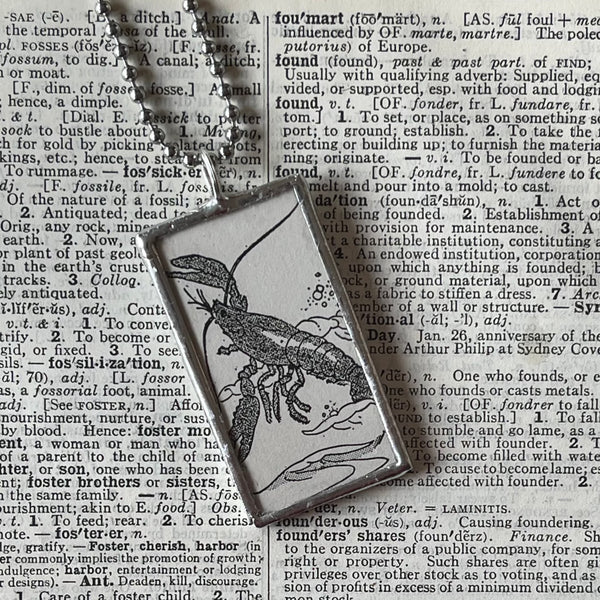1 Lobster, fish, vintage 1930s children's book illustrations up-cycled to soldered glass pendant