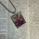 Clematis, lily of the valley, vintage illustrations up-cycled to soldered glass pendant