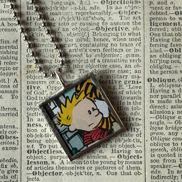 Calvin & Hobbes, original vintage comic book illustrations, upcycled to soldered glass pendant