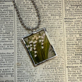 Clematis, lily of the valley, vintage illustrations up-cycled to soldered glass pendant