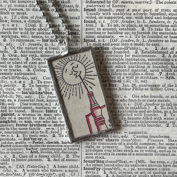 1 Sun sipping soda, vintage 1950s children's book illustrations up-cycled to soldered glass pendant
