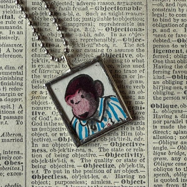 Curious George, original vintage childrens' book illustrations, upcycled to soldered glass pendant