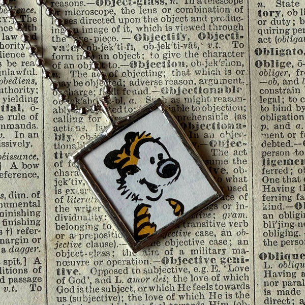 Calvin & Hobbes, original vintage comic book illustrations, upcycled to soldered glass pendant