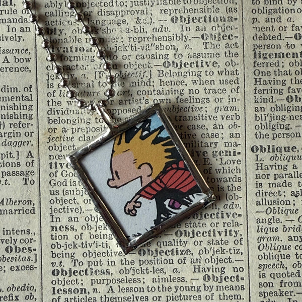 Calvin & Hobbes, original vintage comic book illustrations, upcycled to soldered glass pendant