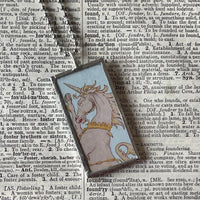 1 Unicorn, vintage llustration, up-cycled to hand soldered glass pendant
