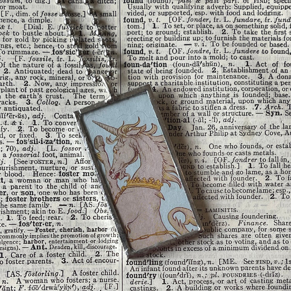 1 Unicorn, vintage llustration, up-cycled to hand soldered glass pendant