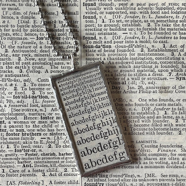 1 Typography ABCs vintage botanical dictionary illustration, up-cycled to soldered glass pendant