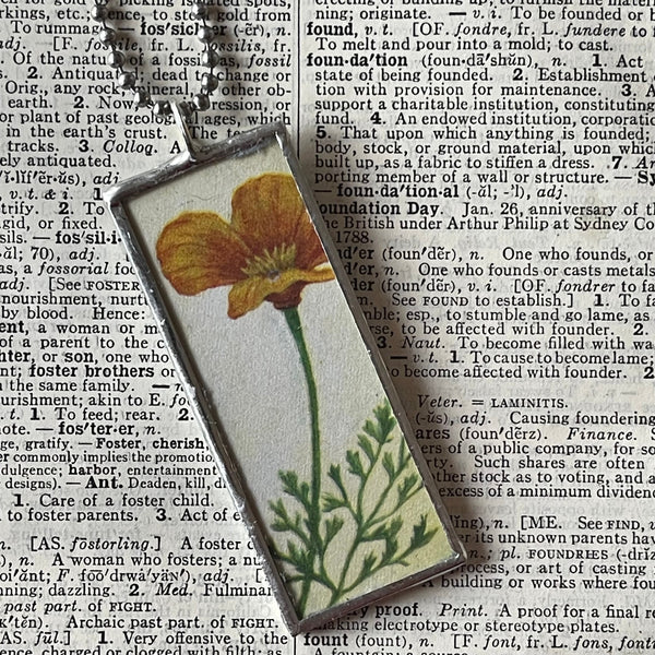 1 - California Poppy, Sunflower, botanical illustrations, up-cycled to soldered glass pendant
