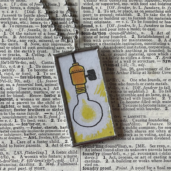 1 Lightbulb, night sky, moon, vintage Dr. Seuss children's book illustrations, up-cycled to soldered glass pendant
