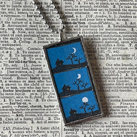 Lightbulb, night sky, moon, vintage Dr. Seuss children's book illustrations, up-cycled to soldered glass pendant