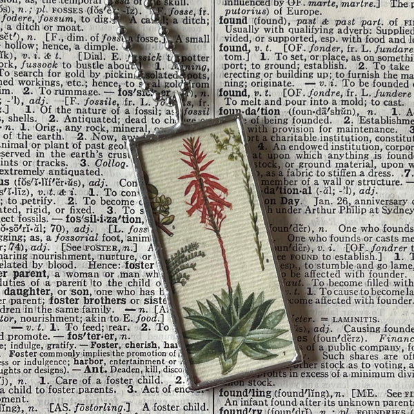 1 Flowering cactus, succulents, botanical illustrations, up-cycled to soldered glass pendant
