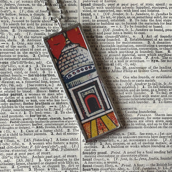 1 Taj Mahal, illustrations upcycled from vintage Indian matchbooks, upcycled hand soldered glass pendant