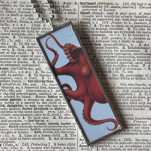 1 Octopus, goldfish vintage illustrations up-cycled to soldered glass pendant
