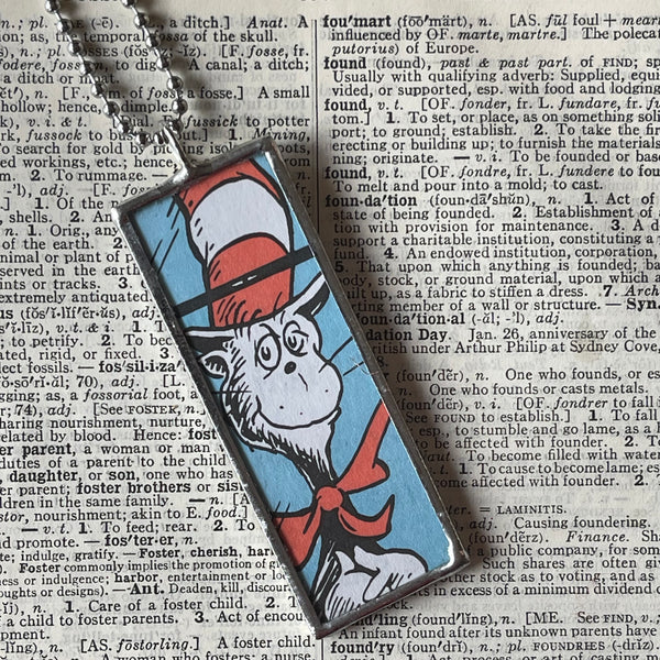 Cat in the Hat, original illustrations from vintage book, up-cycled to soldered glass pendant