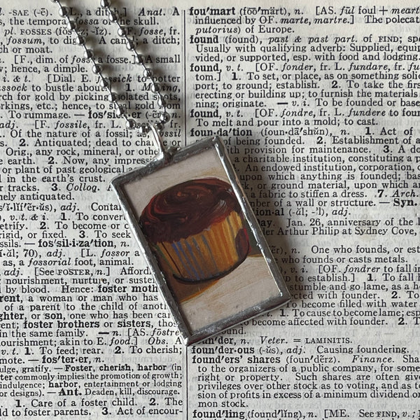 1 Wayne Thiebaud, Pie, cupcake, desserts, mid-century modern art, 2-sided hand soldered glass pendant