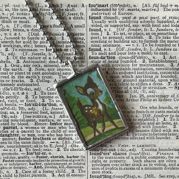 Bambi and his mother, original illustrations from vintage book, up-cycled to soldered glass pendant