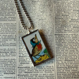 Little bird and flowers, vintage 1930s children's book illustrations upcycled to soldered glass pendant