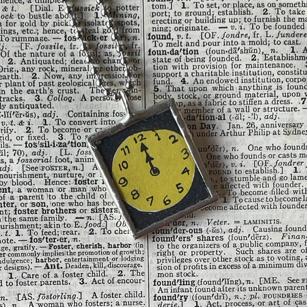 1 Midnight clock, night sky, vintage Dr. Seuss children's book illustrations, up-cycled to soldered glass pendant