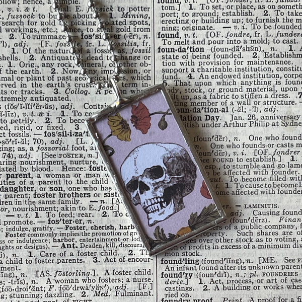 1  Momento Mori, Skull, owl, vintage illustrations up-cycled to soldered glass pendant