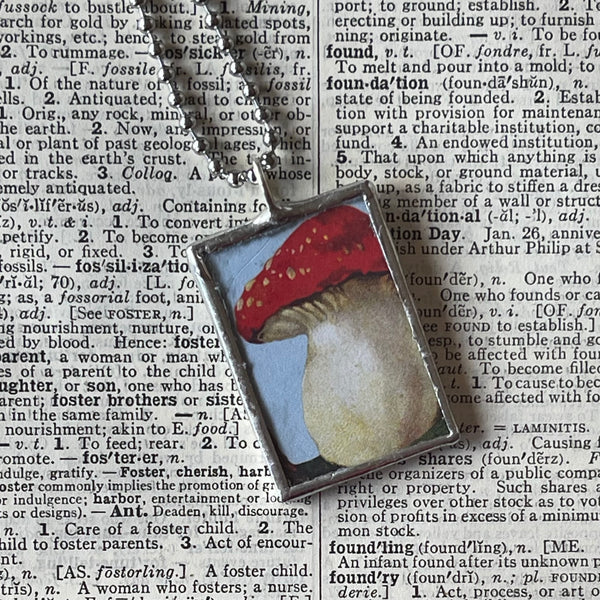 1 - Mushrooms vintage illustrations up-cycled to soldered glass pendant