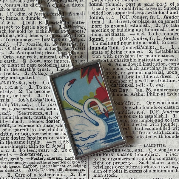 1 Swans, lotus, vintage illustrations, up-cycled to soldered glass pendant