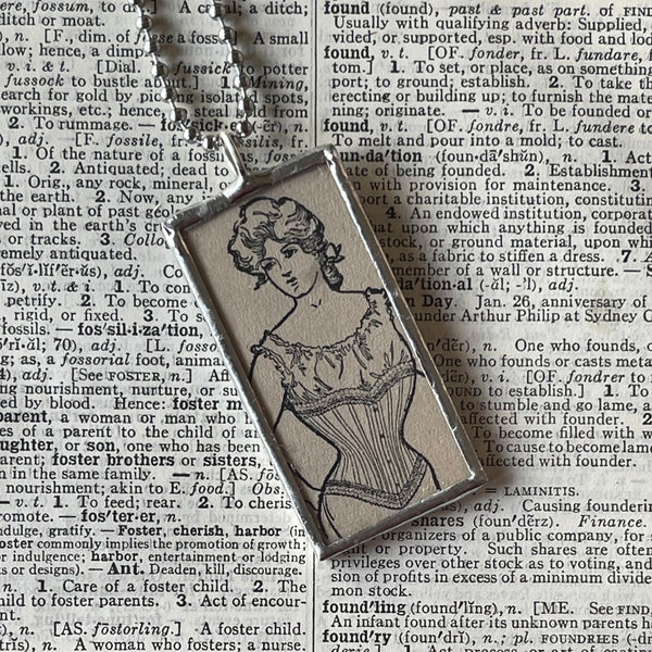 1 Corsets, Edwardian Women, illustration up-cycled to soldered glass pendant