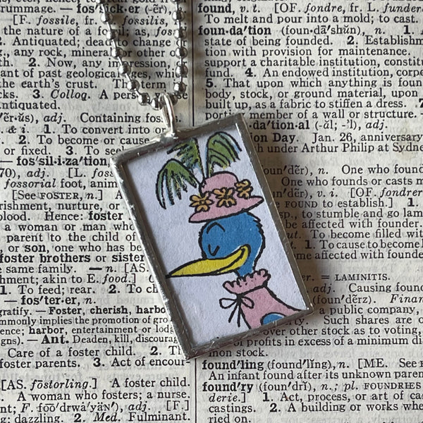 1 Birds in hats, vintage Dr. Seuss children's book illustrations, up-cycled to soldered glass pendant