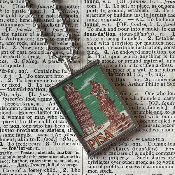 1 Pisa, Italy vintage travel poster images, upcycled hand soldered glass pendant
