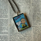 Snoopy, comic strip illustrations from vintage Peanuts book, up-cycled to hand-soldered glass pendant