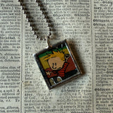 Calvin & Hobbes, original vintage comic book illustrations, upcycled to soldered glass pendant