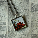 Little bug, steam shovel, vintage chidlren's book illustrations, up-cycled to soldered glass pendant